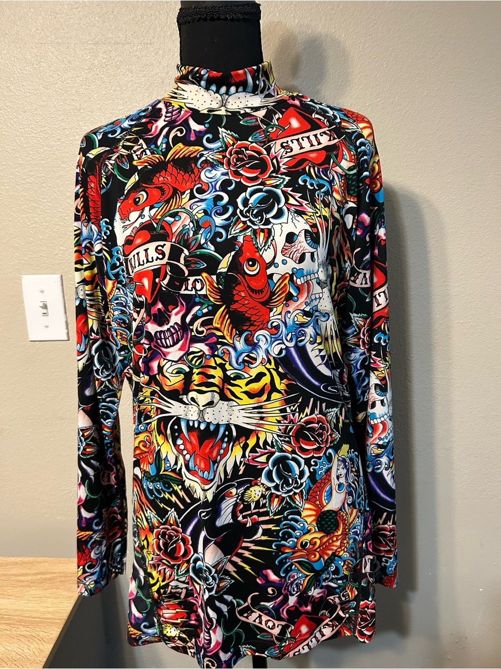ARMEDES 2XL Tattoo Graphic Long Sleeve Shirt Tiger Skull Rose Koi Mock Neck